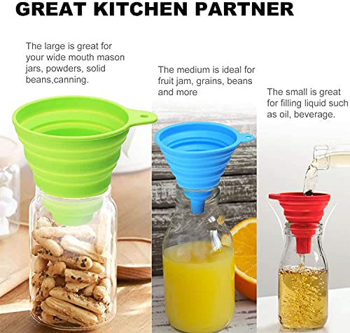 Kitchen Funnel Set of 3, Large Medium and Small, Kitchen Gadgets Accessories Food Grade Silicone Collapsible Funnels for Kitchen Use Filling Bottles Liquid Powder Transfer
