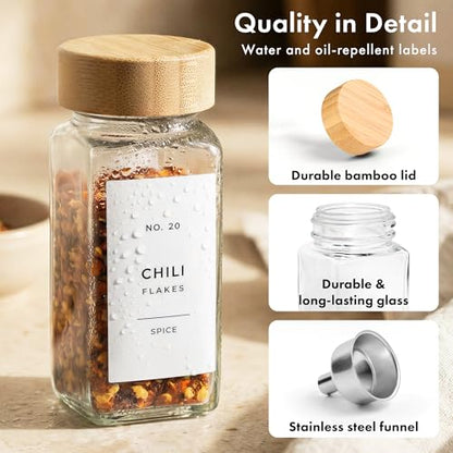EDELHAUS® Square Spice Jars with Bamboo Wooden Lid (Pack of 24) Spice Jars with Shaker Insert and 240 Labels - Bamboo Lid Glass Container for Spice Organisation [4.3 in × 1.8 in] - color: White Labels