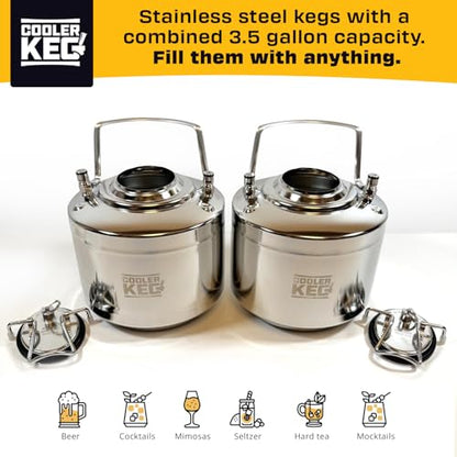 Refillable Keg Set - 3.5 gallon combined capacity, Stainless Steel Kegs for Beer, Cocktails, Mixed Drinks, Cider, Seltzer, Ball Lock, Quick Disconnects 1.75 gal or 6.5 liters or 228 oz each - size: Pair - 3.5 gallons