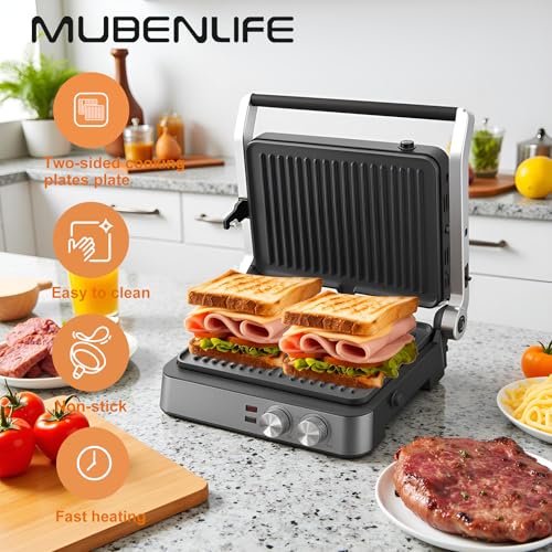 Panini Press,4 Slices Contact Grill with Removable Non-Stick Coated Grill and Flat Plates,Panini Makers with Temperature Control and Timer,Open 180 Degrees,Grill and Griddle (Half black with sus) - color: Half black with sus