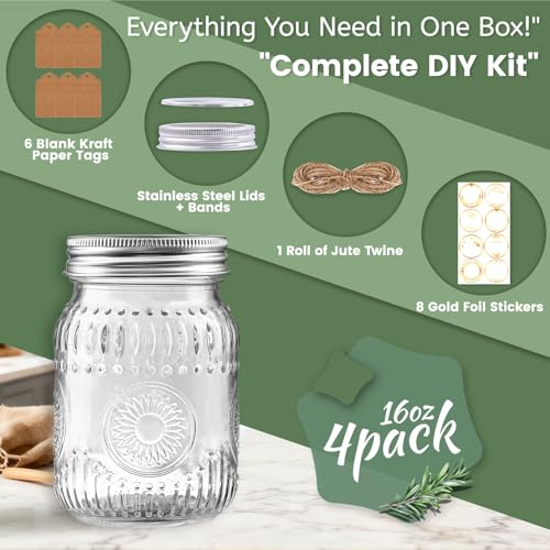 16oz Mason Jars 4-Pack with Rust-Proof 304 Stainless Steel Lids and Bands | Pint Glass Jars with Elegant Sunflower Embossing, Leak-proof for Meal Prep, Pickling, Overnight Oats, Dry Food & DIY Crafts - color: Clear-16OZ