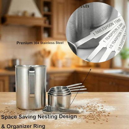 12-Piece Measuring Cups and Spoons Set with 1L (32oz) 304 Stainless Steel Measuring Pitcher, Heavy Duty Baking Tools for Liquid & Dry Ingredients, Kitchen Cooking & Baking