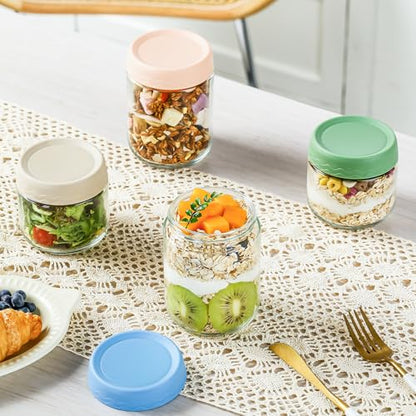 DRKIO 10 & 16 Oz Overnight Oats Containers with Lids - 6 Pack Glass Storage Jars with Airtight Lids Wide Mouth Mason Food Jars Great for Meal Prep Salad Chia Puddirg Snacks Yogurt Sugar Spice Cereal - color: 10&16 Oz - 6 Colors