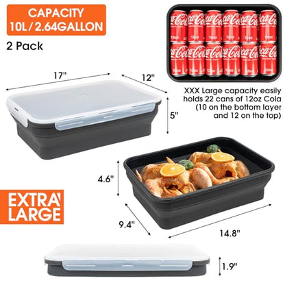 Silicone Collapsible Marinating Container with Lid for Meat, 2.64Gal/10L, 2 Pack Extra Large Collapsible BBQ Prep Tub, Transparent Locking Lid, XL Grill Prep Trays & Carry System, BBQ Must-Have, Black - color: Black | 2 Pack | 2.64 Gal