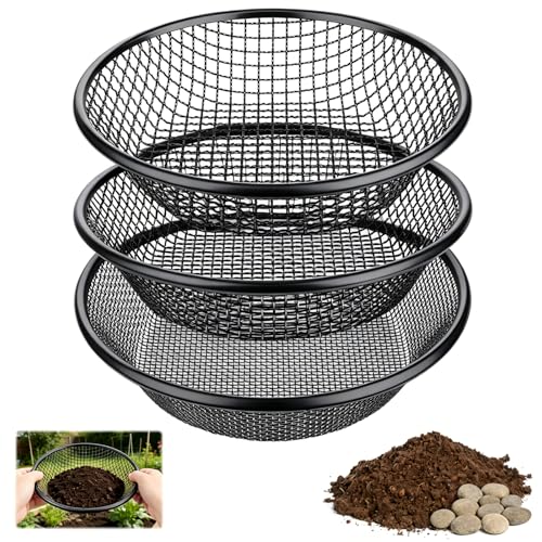 3 PCS Soil Sifter for Gardening,1/4,1/6,1/9 Inch Heavy Duty Rock Dirt Compost Sifter Fits 5 Gallon Bucket,Black Stainless Steel Fine Dirt Garden Sifter for Gravel,Filtering Compost - size: 3 Pack-2mm,4mm,6mm