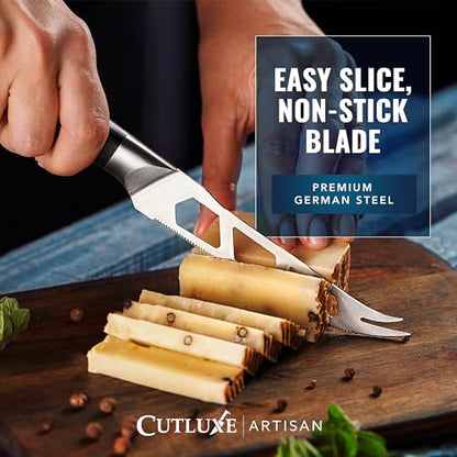 Cutluxe Cheese Knife – 5" Cheese Knife Slicer for Soft and Hard Cheese – Pronged, Serrated & Non Stick Blade – High Carbon German Steel, Full Tang & Ergonomic Handle Design – Artisan Series - size: Cheese Knife