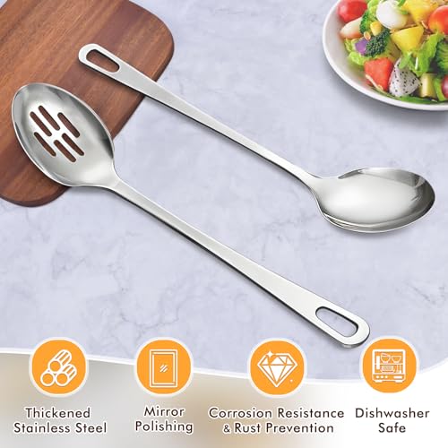 2 Pcs Stainless Steel Cooking Spoons Set, Solid & Slotted Metal Serving Spoons, Heavy Duty Sturdy Large Soup Ladle, High Heat Resistant Kitchen Cooking Utensils for Mixing, Stirring, Easy to Clean