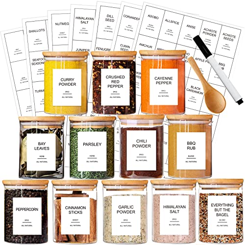 GPOVVIMX 12 Pcs Glass Spice Jars with Bamboo Airtight Lids and 191 Labels - 8.5oz Small Food Storage Containers for Kitchen, Seasoning, Coffee, Herb - Spoon and Marker Included - color: Spice Jars Set