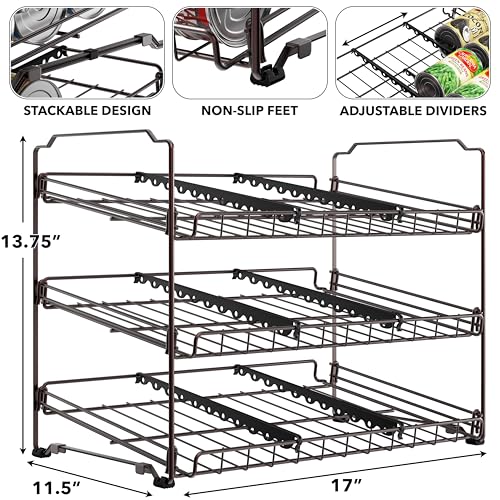 Simple Houseware Stackable Can Organizer Rack for Pantry/Cabinet – 11.5" D x 17" W x 13.75" H, Holds 36 Cans, 3-Tier Can Food Storage Dispenser, Bronze - color: Bronze