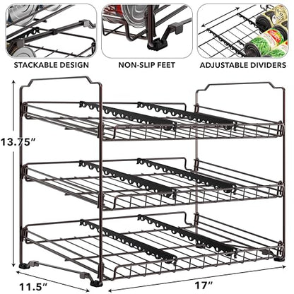 Simple Houseware Stackable Can Organizer Rack for Pantry/Cabinet – 11.5" D x 17" W x 13.75" H, Holds 36 Cans, 3-Tier Can Food Storage Dispenser, Bronze - color: Bronze
