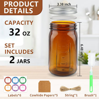 CARBLIN 2 Pack Mason Jars 32 oz, Amber Wide Mouth Canning Jars with Airtight Lids, Glass Pint Jars with Bands Labels Brush, Large Storage Quart Jars for Jam Fermenting Preserving - color: Amber