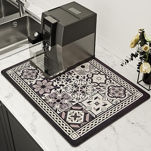 Coffee Mat, Boho Style Dish Drying Mat, Fast Water Absorption, Hide Stains, Easy to Clean, Fit Coffee Bar Accessories, Bar Mats for Countertop (16"x21", Black) - color: Black, size: 16" x 21"