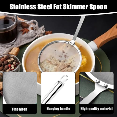 Stainless Steel Fat Skimmer Spoon 4”Multi-Functional Fine Mesh Hot Pot Grease Strainer with 9.4” Heat-Resistant Handle For Frying, Soup, Quinoa, Miso - size: 1 Pack
