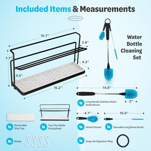 Water Bottle Drying Rack for Kitchen Counter – Cup Drying Rack, Tumbler, Mug & Glass Drying Rack Drying Rack, 2 Tier with Drain Tray and Cleaning Brush Set (Black) - color: Black