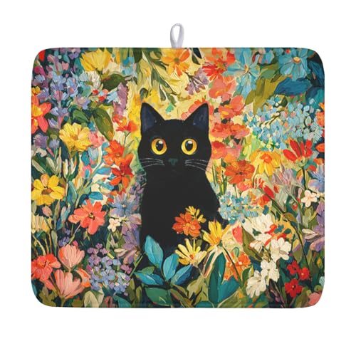 Spring Summer Floral Cat Dish Drying Mat for Kitchen Counter Abstract Oil Painting Wildflower Microfiber Dish Drainer Mat Rustic Absorbent Washable Drying Pad 16"x18" - color: Colorful Floral, size: 18" x 16"