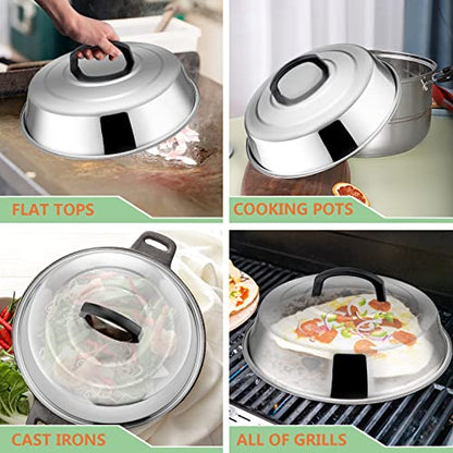 HaSteeL 12In Cheese Melting Dome & 5.5In Bacon Press, Stainless Steel Round Basting Cover, Smash Metal Burger Griddle Grill Press Weight for Teppanyaki Flat Top Iron Skillet Cooking, Dishwasher Safe - color: 12In Lid + 5.5In Press