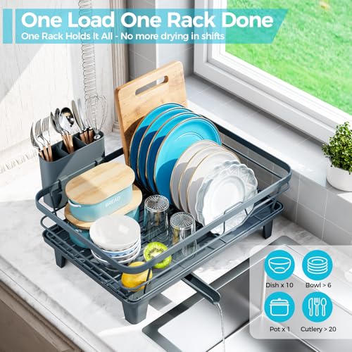 Urackify Dish Drying Rack for Kitchen Counter, Sink Dish Rack with Drainboard, Large Dish Drainer with Cups Holder, Home Countertop Plate Dryer Storage Rack with Cutlery Holder, Blue - color: Blue