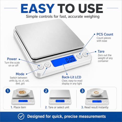 Digital Gram Scale 500g 0.01g Food Scale High Precision Kitchen Scale Multifunctional Stainless Steel Pocket Scale with Back-Lit LCD Display Tare PCS Features Silver
