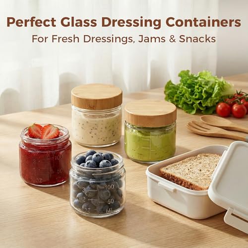HomArtist 3oz Glass Salad Dressing Containers with Bamboo Lids - 6 Pack Small Airtight Condiment Cups, Mini Sauce Jars for Picnic, Ketchup, Dip & Snacks, Leakproof, BPA-Free & Dishwasher Safe - color: 3oz - 6 Pack