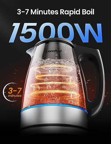 COMFEE' 1.7L Glass Tea Kettle and Kettle Water Boiler - Electric Kettle Temperature Control with 6 Presets, 2-Hr Keep Warm, Fast Heating, 304 Stainless Steel, Auto-Off and Boil-Dry Protection - color: Transparent Digital, size: 1.8 Quarts