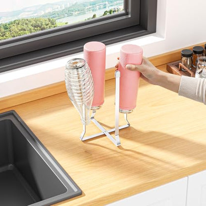 Foldable Water Bottle Drying Rack, Stainless Steel Tumbler Dryer Stand for Kitchen Counter, Multifunctional Space-Saving Cup Drainer for Bottles, Baby Bottles, Glasses & Reusable Bag (Silver, 1PC)