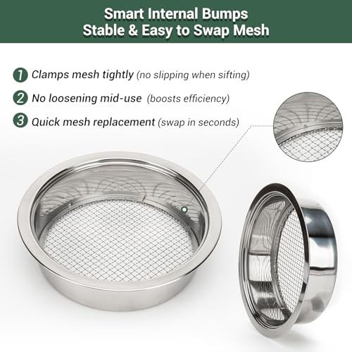 5-Piece Stainless Steel Soil Sifter Set with 1/3/6/9/12mm Mesh Screens - Heavy Duty Garden Sifter for Composting, Potting Mix & Seed Starting - Rust-Proof Soil Sieve & Sifting Pan