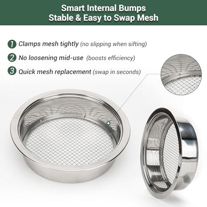 5-Piece Stainless Steel Soil Sifter Set with 1/3/6/9/12mm Mesh Screens - Heavy Duty Garden Sifter for Composting, Potting Mix & Seed Starting - Rust-Proof Soil Sieve & Sifting Pan