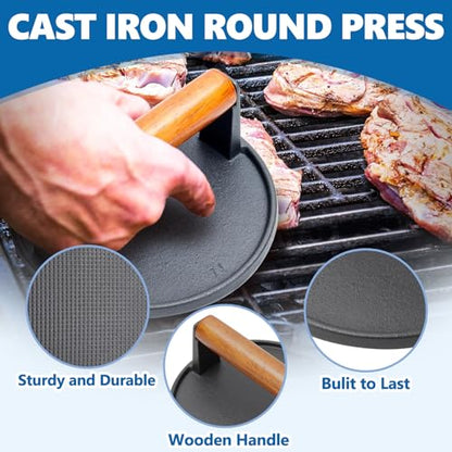 SafBbcue Round Cast Iron Smash Burger Grill Weight Press & Griddle Steamer Melting Dome Basting Cover for Blackstone Flat Top Grills Accessories, 14" Rectangular Stainless Steel Grill Basting Cover - style: 14InDome+Round Press