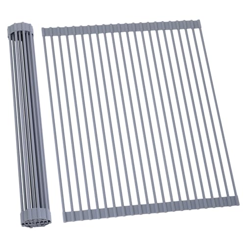 Ohuhu Sink Drying Rack, 20.5" W x 16.1" L Over The Sink Roll-Up Dish Drainer - Rolling Foldable Sink Accessories Heat-Resistant Mat Anti-Slip Silicone Coated Multipurpose for Kitchen Counter - color: Gray, size: 20.5"W x 16.1"L