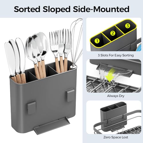 Urackify Dish Drying Rack for Kitchen Counter, Sink Dish Rack with Drainboard 12.2" W x 16.5" L, Large Dish Drainer with Cutlery Holder, Home Countertop Plate Dryer Storage Rack, Gray - color: Gray