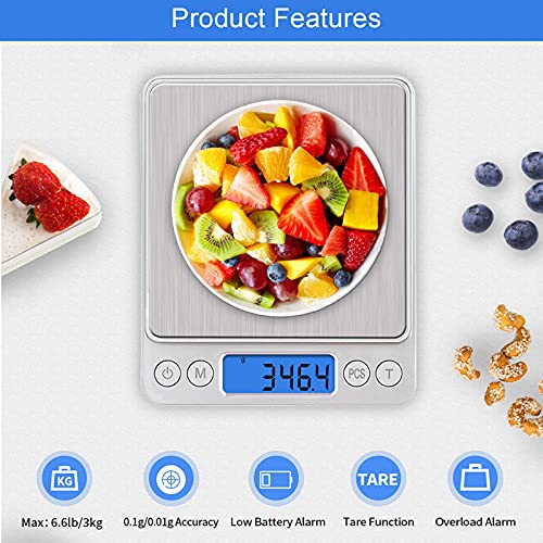 UNIWEIGH Digital Kitchen Scale,3kg/0.1g Pocket Food Scale Measure in Grams and oz for Loss Weight,Cooking Baking,Jewelry,High Precision Gram Scale with 6 Units,Small Coffee Scale with 2 Trays,LCD,Tare - size: 3KG