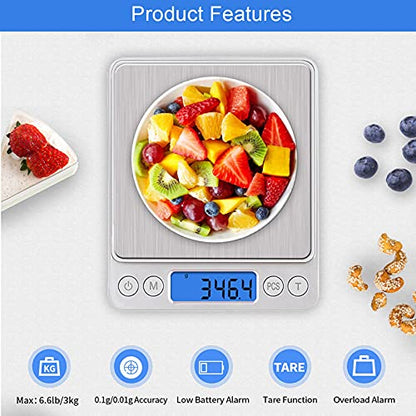 UNIWEIGH Digital Kitchen Scale,3kg/0.1g Pocket Food Scale Measure in Grams and oz for Loss Weight,Cooking Baking,Jewelry,High Precision Gram Scale with 6 Units,Small Coffee Scale with 2 Trays,LCD,Tare - size: 3KG
