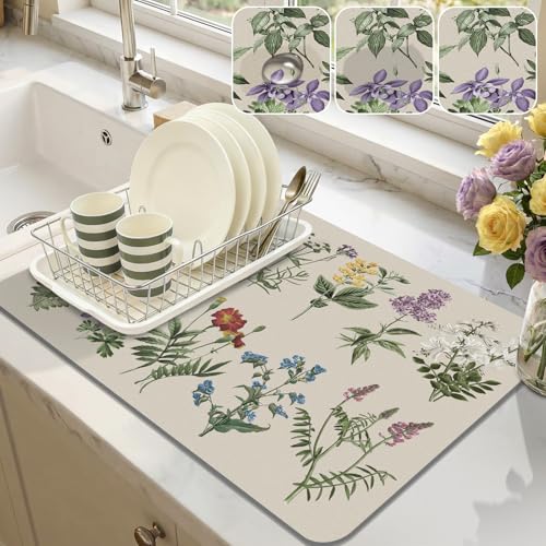 LOKHOM Dish Drying Mat for Kitchen Counter, 12"x20" Absorbent Coffee Bar Mat with Vintage Sage Flower Herbs, Dish Drainer Rack Mat for Kitchen Counter - size: 12" x 20"