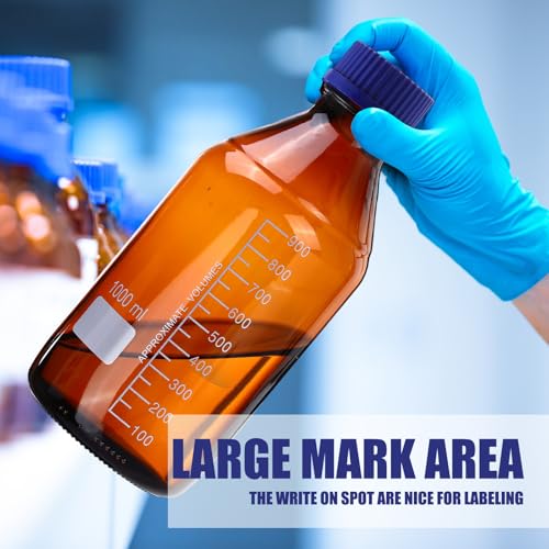 Tellegloww 6 Pieces 1000 ml Reagent Media Bottles Amber Glass Graduated Round Lab Reagent Media Storage Bottle with Blue Screw Cap - size: 1000ml
