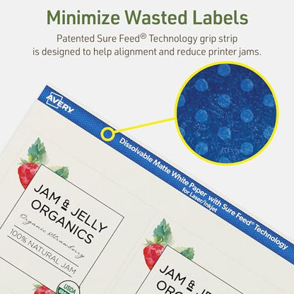 Avery Dissolvable Square Labels, Sure Feed Technology, 4" x 4", Matte White, Laser/Inkjet Printable, 40 Labels Total, Freezer-Safe, Microwave-Safe, Refrigerator-Safe - style: 40 labels
