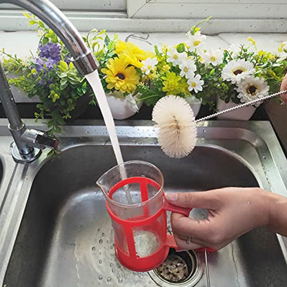 NewFerU Stainless Steel Soda Bottle Cleaning Brush in Natural Boar Bristle Wool Tip, Long Handle, Flexible Bendable Thick Wire Cleaner for Narrow Neck Water Baby Bottles Straw Pipe Tube Flask (Round) - color: Round