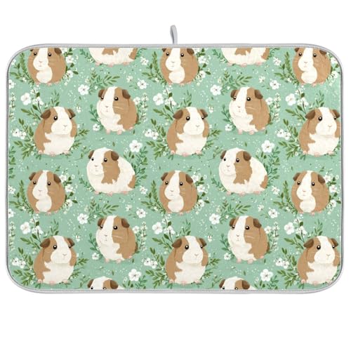 Dish Drying Mat for Kitchen Counter Cartoon Guinea Pig Green Leaves Absorbent Drying Dish Mat 16×18 inch Dish Rack Pad Coffee Mat for Sink Dishes Under Rack - color: multicolored.16, size: 16x18in