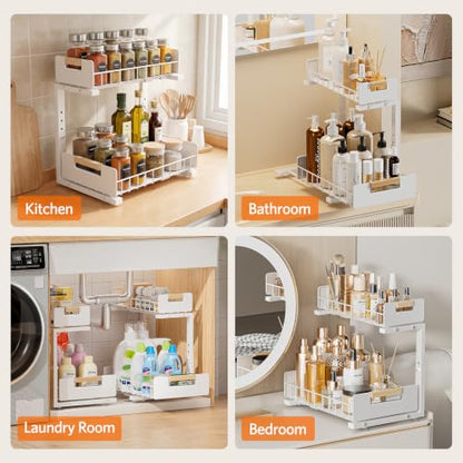 Delamu 2-Pack Under Sink Organizer, 2 Tier Pull out Under the Kitchen Sink Storage, Slide out Cabinet Organizer Shelf, Metal Sliding Drawer for Bathroom Pantry Closet Organization Rack, White