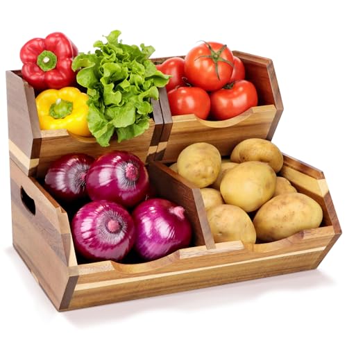 Acacia Wood Pantry Storage Bins, Stackable Potato and Onion Storage Bins for Kitchen Countertop, Set of 3 Wooden Pantry Organizer Baskets for Fruit, Vegetable, Snack