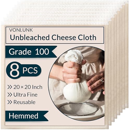 8-Pack Cheesecloth, 20x20 Inch Hemmed Cheese Cloth for Straining, Reusable Unbleached Cotton Strainer for Cooking, Baking, Juicing, and Cheese Making (Grade 100) - size: 8 Pack