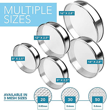 Vollum Stainless Steel Flour Sifter Fine Mesh Round Flour Sieve for Baking 12" Diameter x 2.5" High; 30 Mesh (Hole Size 0.6mm) - size: 12" Dia. x 2.5" High