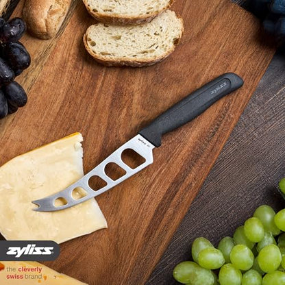 Zyliss Cheese Knife – Stainless Steel Blade with Non-Stick Holes & Forked Tip for Serving – Cuts Soft, Semi-Soft & Firm Cheeses – Wheat Straw Handle, Dishwasher Safe, 5-Year Guarantee – 5" - size: 5"