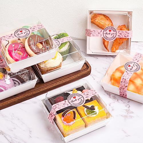 TECARATE Paper Charcuterie Boxes with Clear Lids and Stickers - 50 SETS 4 Inches Square Disposable Food Containers Bakery Boxes for Bakery, Macaron, Sandwich, Slice Cake, Cookies, Hot Cocoa Bombs - color: White