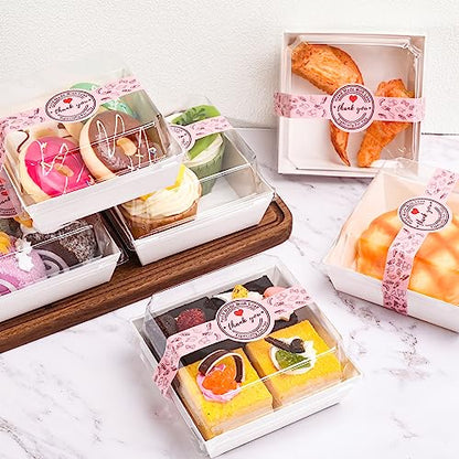 TECARATE Paper Charcuterie Boxes with Clear Lids and Stickers - 50 SETS 4 Inches Square Disposable Food Containers Bakery Boxes for Bakery, Macaron, Sandwich, Slice Cake, Cookies, Hot Cocoa Bombs - color: White