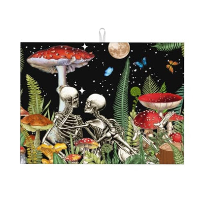Red Mushroom Skull Dish Drying Mat For Kitchen Counter, Super Absorbent Microfiber Dish Drying Pad, Kitchen Gadgets For Easy Clean Multi-Use Large 18"x24" - color: Red Mushroom Skull