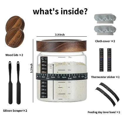 Wissy&Konny Sourdough Starter Jar 2Pack 35OZ with Ounce Scale Line,Date Marked Feeding Band, Thermometer, Sourdough Jar Scraper, Cloth Cover & Wood Lid, Wide Mouth for Sourdough Bread Baking - color: Wood Lids-2 Pack