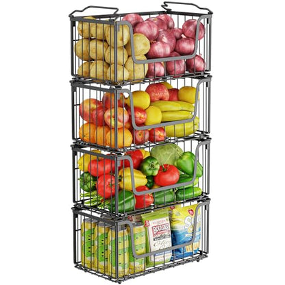 MSERCUOR 4 Pack Foldable Wire Basket for Pantry Organizers and Storage, Stackable Vegetable Fruit Basket for Kitchen Counter, Black Potato and Onion Storage Bin