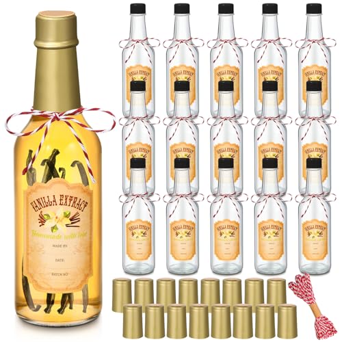 Tioncy 16 Pcs Empty Vanilla Extract Bottles for Homemade Vanilla Jar Glass Bottle with Cap, Shrink Band, Sticker DIY Crafts Wedding Gift Food Storage Canister for Bean(Gold,8.5 oz) - color: Gold, size: 8.5 oz
