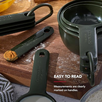 KitchenAid Plastic Measuring Cups and Spoon Set, Set of 9, /4, 1/2, 1/3, and 1 cup sizes, and 1 tbsp, 1/2 tbsp, 1 tsp, 1/2 tsp and 1/4 tsp, Evergreen - color: Evergreen