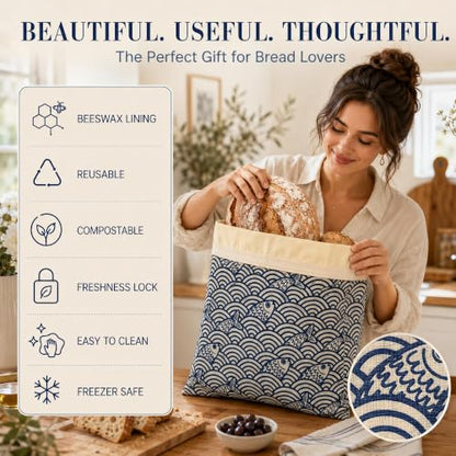 Beeswax Bread Bags for Sourdough, Japanese Indigo Bread Bags | 2 Pack, Reusable Natural Cotton Beeswax Storage, Large 17x12.6 inch, Detachable Buckle and Gift Box for Homemade Baguettes